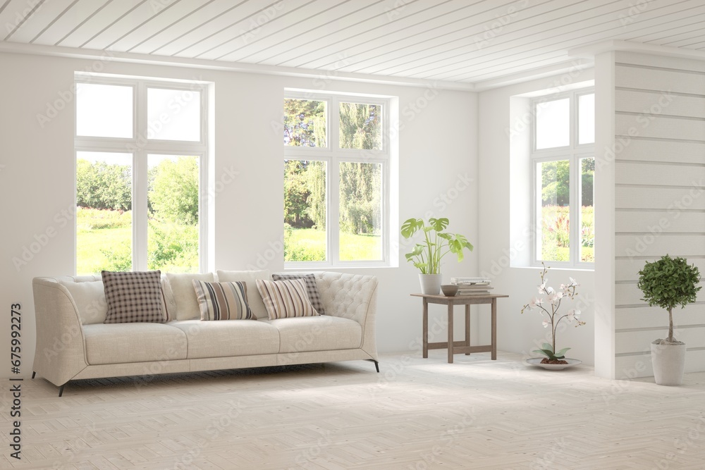 Fototapeta premium Bright interior design with modern furniture and summer landscape in window. 3D illustration