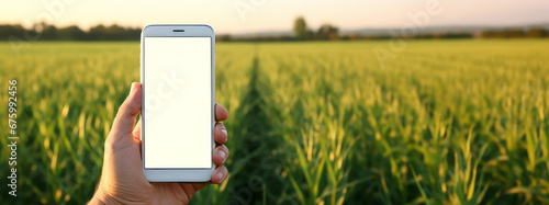 Mock-up smartphone in hand of rice farmer, concept for using tablet application in agricultre for rice or crops growing and rice trading photo