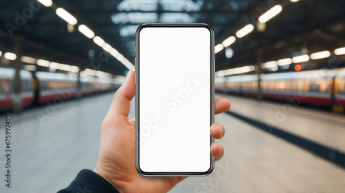 Mock up of a smartphone in the hand of a man at the train station