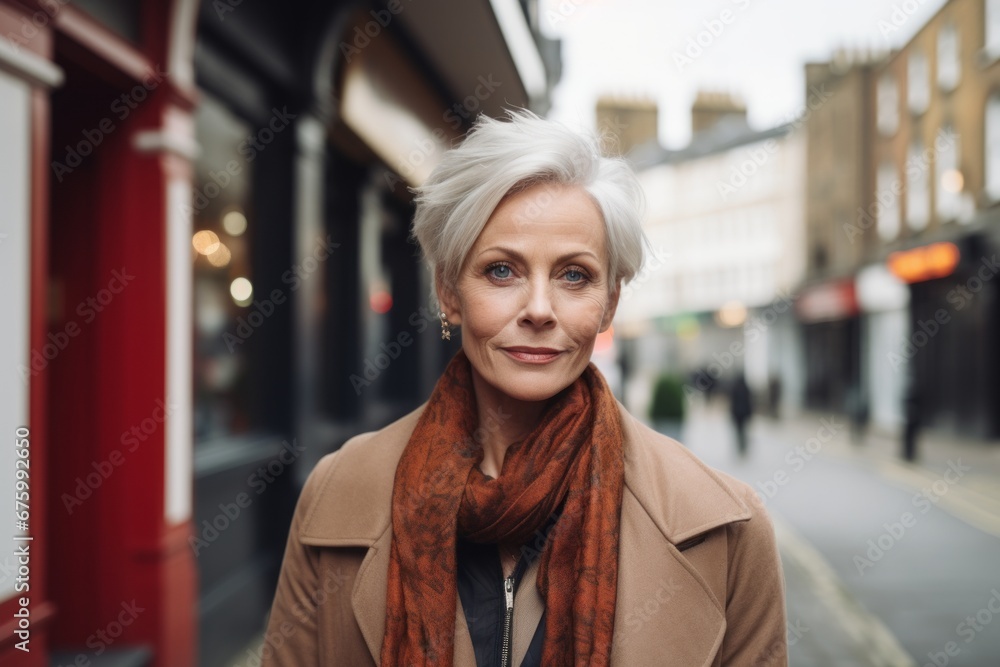 Portrait of a beautiful middle-aged woman with short white hair and red scarf on the street.