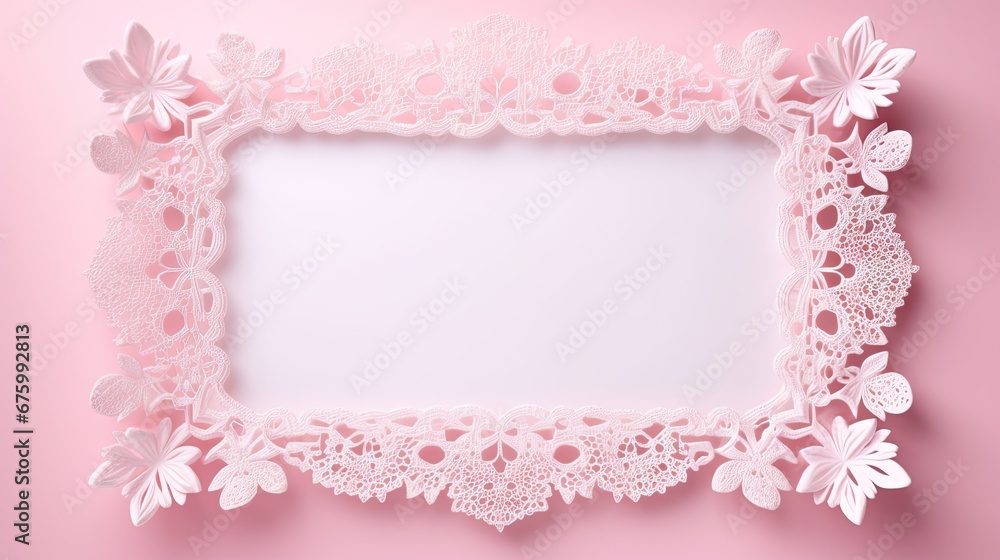  a white lace frame on a pink background with a place for a text or an image to put on it.  generative ai