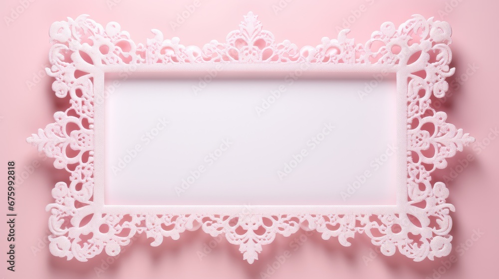  a white frame on a pink background with a white lace border on the edge of the frame and a white background with a white lace border on the edge.  generative ai