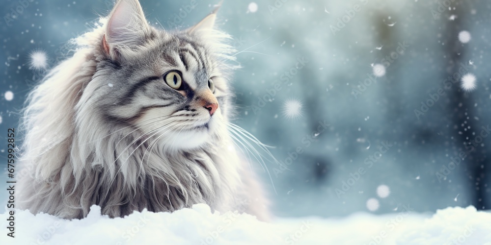 Cat Portrait from Side in a Winter Snowy Landscape Cat Portrait from Side in a Winter Snowy Landscape