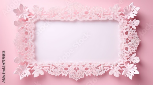  a white lace frame on a pink background with a place for a text or an image to put on it.  generative ai © Shanti