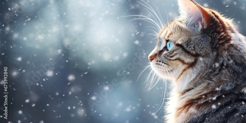 Cat Portrait from Side in a Winter Snowy Landscape