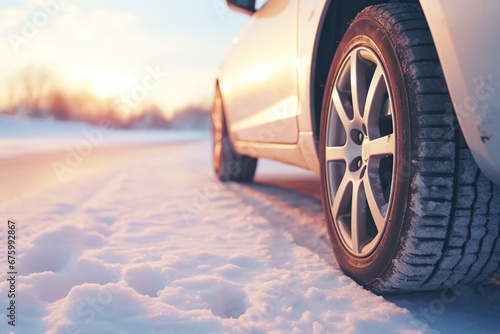 Close-Up of Car Tires on Snowy Path