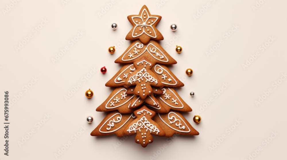  a close up of a christmas tree made of cookies on a white background with baubles around the tree.  generative ai
