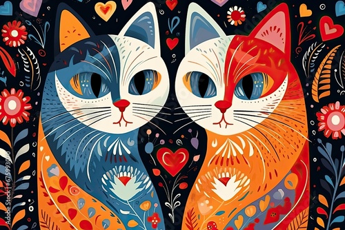 Creative illustration of two cats sitting opposite each other on a dark background with red hearts and flowers. Happy Valentine's Day.