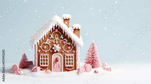  a gingerbread house with candy canes and candy canes in the foreground and snow on the ground. generative ai