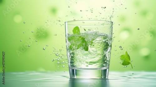  a close up of a glass of water with ice and a green leaf on a green background with water droplets. generative ai