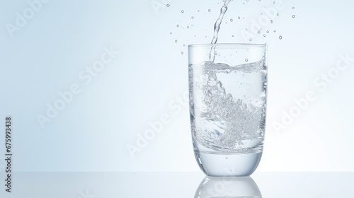  a glass of water with a splash of water on the inside of it, with a reflection of the water being poured into the glass.  generative ai