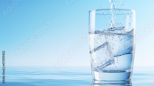 a glass of water with ice cubes on the edge of the glass and a blue sky in the background. generative ai