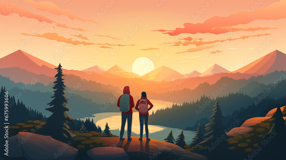 Sunrise Companions Flat Cartoon Vector Illustration of Friends in a Misty Landscape. Sunrise Companions Flat Cartoon Vector Illustration of Friends in a Misty Landscape.