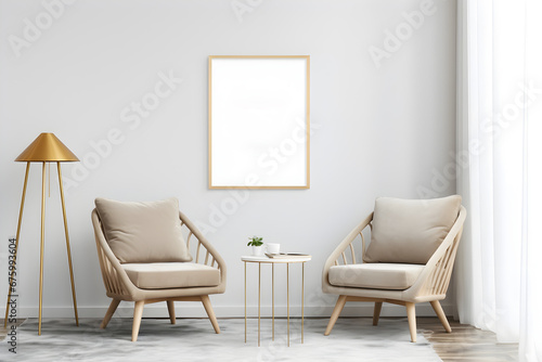 mockup frame in a comfortable living room with stylish chairs, a chic table, and a warm lamp