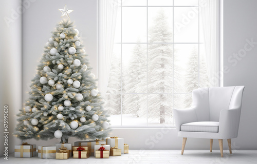 Christmas tree with holiday decor near white sofa in modern room design, winter holiday concept