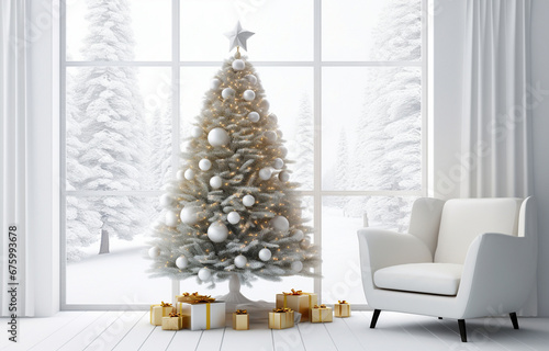 Christmas tree with holiday decor near white sofa in modern room design, winter holiday concept © Oleksiy