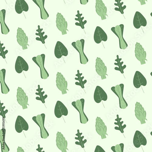 Pattern with spinach leaves, arugula, artichoke and leek