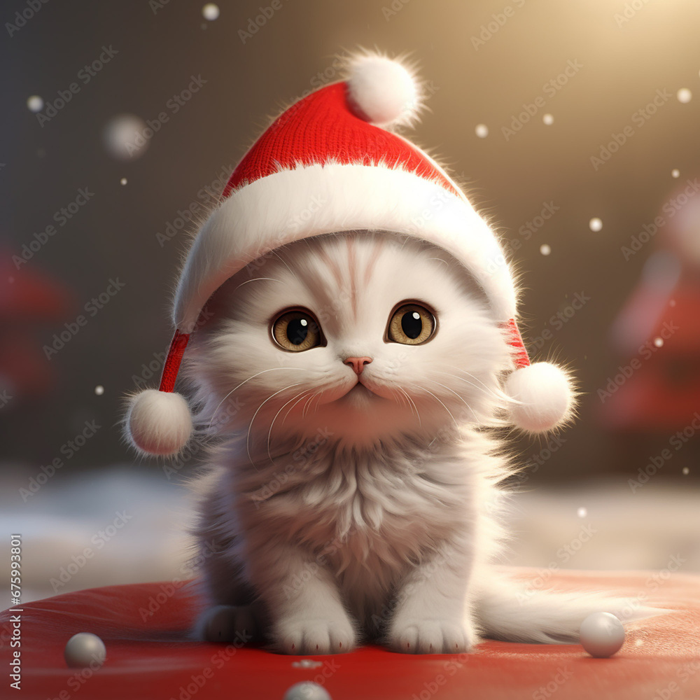 kawaii kitten in santa's hat for christmas xmas postcard, generative AI kawaii kitten in santa's hat for christmas xmas postcard, generative AI