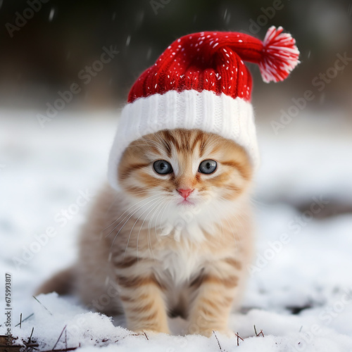 kawaii kitten in santa's hat for christmas xmas postcard, generative AI