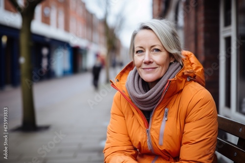 Portrait of senior woman in orange jacket sitting on bench in city