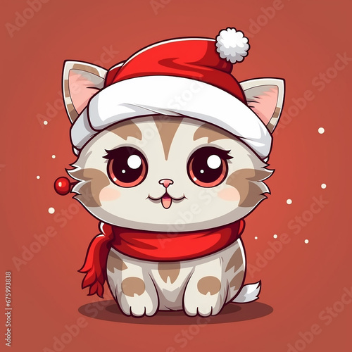 kawaii kitten in santa's hat cartoon character style for christmas xmas postcard, generative AI 