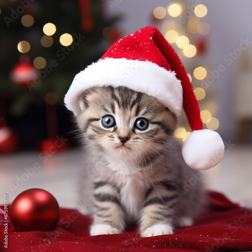 kawaii kitten in santa's hat for christmas xmas postcard, generative AI