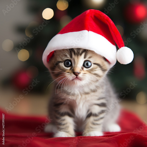 kawaii kitten in santa's hat for christmas xmas postcard, generative AI © Paulina