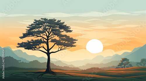 Tranquil Morning Landscape: Flat Cartoon Vector Art of a Meadow with Trees at Sunrise.