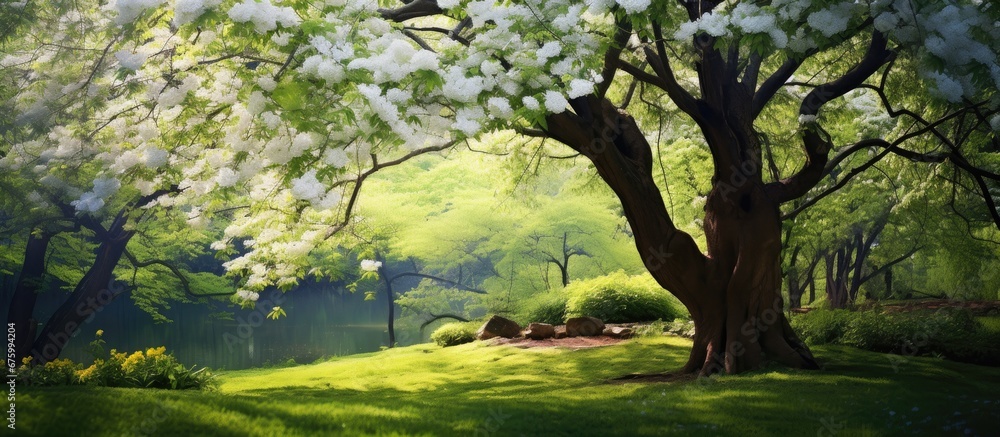 In the green garden amidst the vibrant colors of blooming flowers and lush summer foliage a white tree stands tall its leaves dancing gracefully in the gentle spring breeze creating a pictur In the green garden amidst the vibrant colors of blooming flowers and lush summer foliage a white tree stands tall its leaves dancing gracefully in the gentle spring breeze creating a pictur