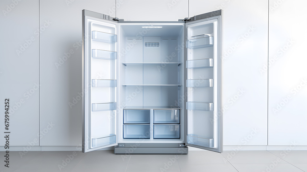 Open Modern Refrigerator with Empty Shelves in Clean Kitchen Open Modern Refrigerator with Empty Shelves in Clean Kitchen