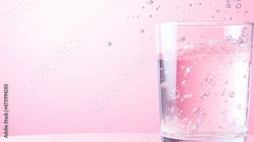  a glass filled with pink liquid on top of a pink table next to a bottle of water on a pink background.  generative ai photo