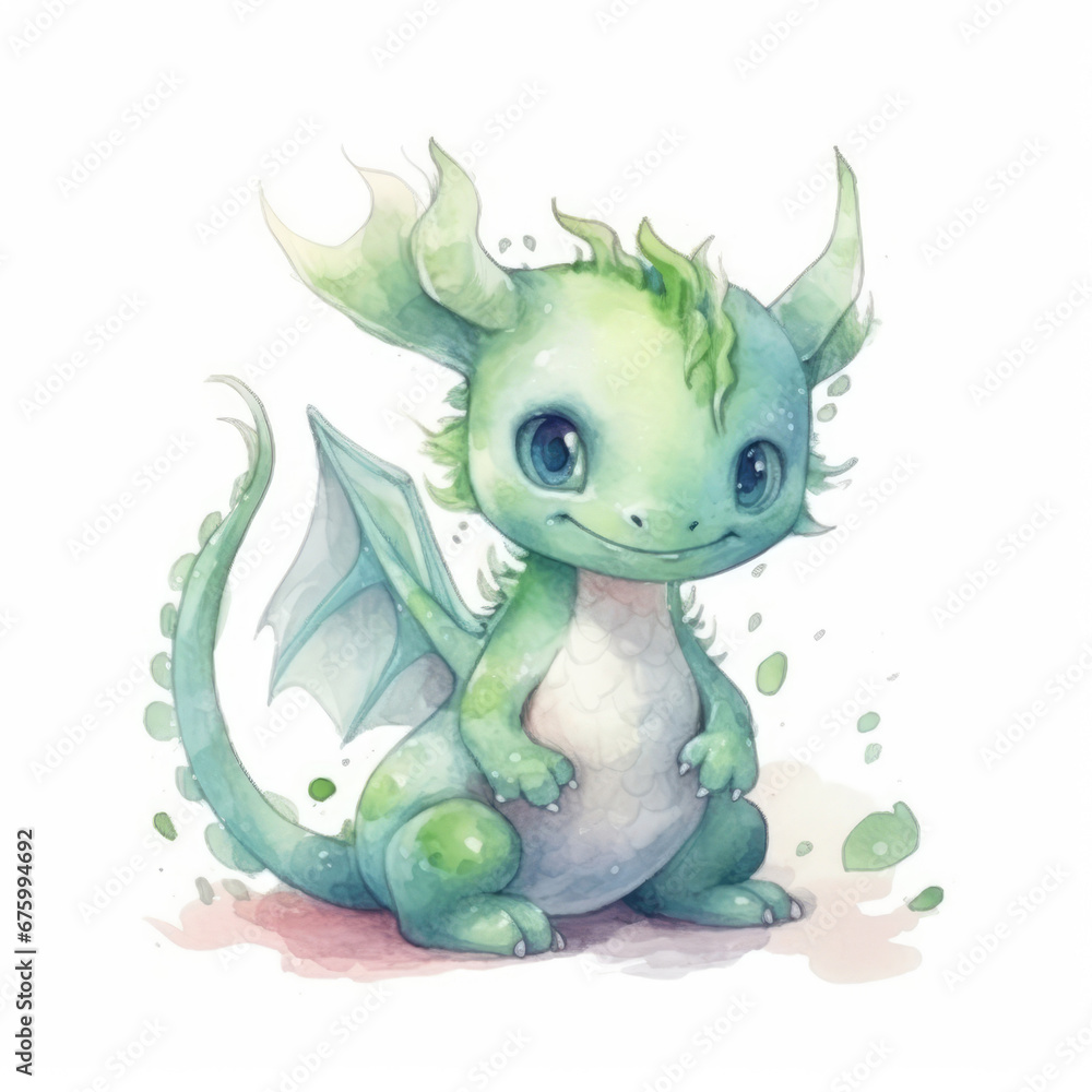 Obraz premium Cute Green Dragon on a white background, watercolor illustration. Green Dragon symbol of a New Year 2024. Fairy Animal drawing for Sublimation, greeting card, Christmas banner design