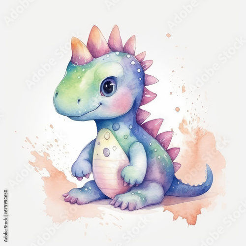 Cute watercolor dinosaur on white background. Little Blue Dragon. Green Dragon symbol of a New Year 2024