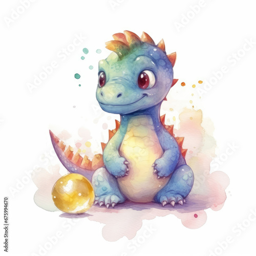 Cute watercolor dinosaur with christmas ball. Watercolor illustration isolated on white background. Dragon symbol of a New Year 2024. Fabulous Dragon in cartoon style
