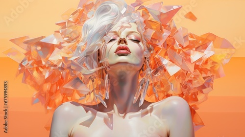  a digital painting of a woman with her hair blowing in the wind and her face partially obscured by plastic shards. generative ai