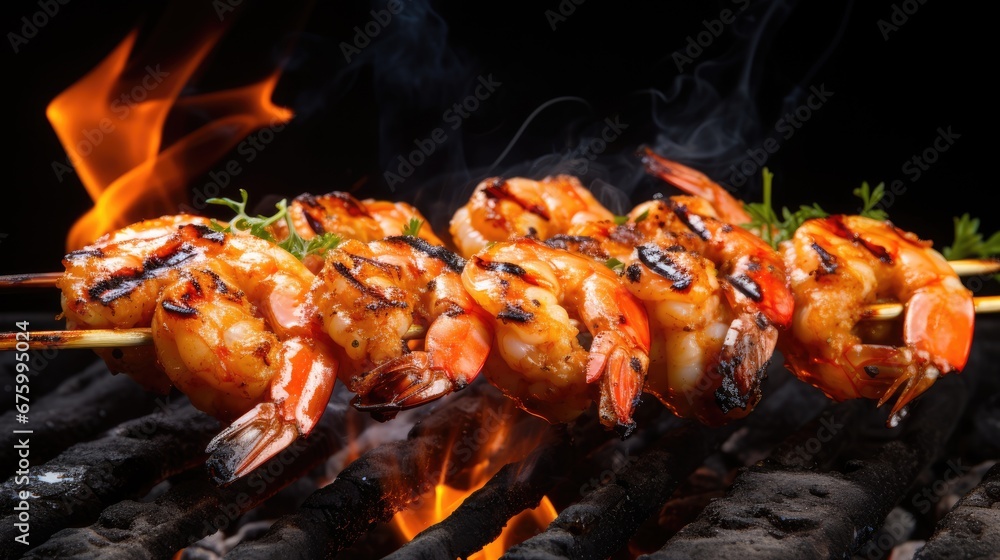 a close up of shrimp skewers on a bbq grill with fire and flames in the back ground. generative ai a close up of shrimp skewers on a bbq grill with fire and flames in the back ground. generative ai