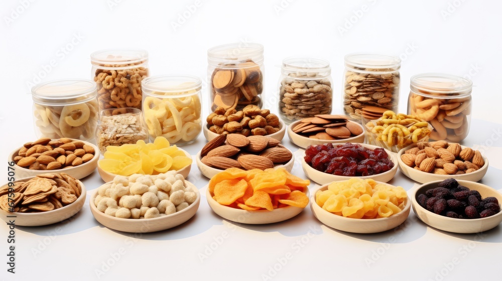 a table topped with bowls filled with different types of nuts and dried fruits next to jars filled with nuts and dried cranberries. generative ai a table topped with bowls filled with different types of nuts and dried fruits next to jars filled with nuts and dried cranberries. generative ai