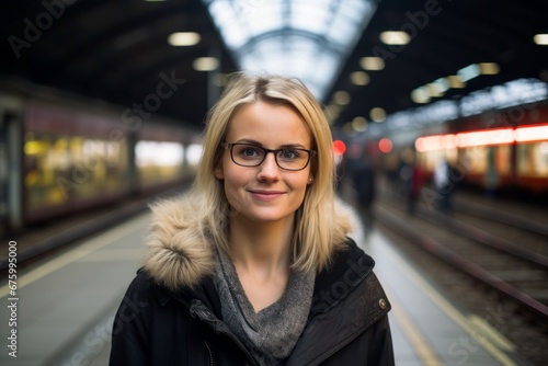 Portrait of a beautiful young woman in black coat and glasses at the train station