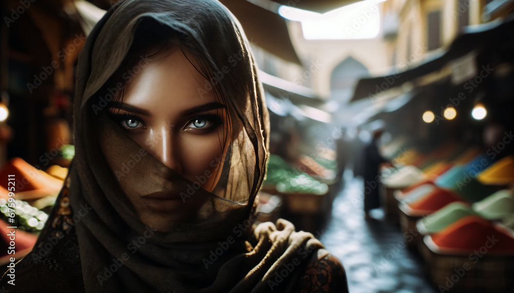 Cinematic photograph of a Indian woman wearing hijab, in the market Cinematic photograph of a Indian woman wearing hijab, in the market