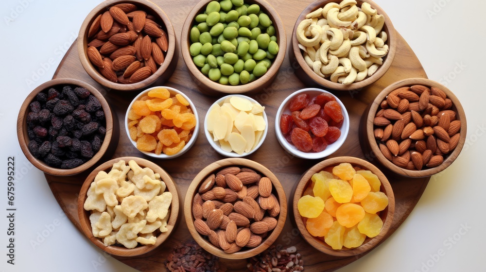 a wooden tray topped with bowls filled with different types of nuts and raisins on top of a white table. generative ai a wooden tray topped with bowls filled with different types of nuts and raisins on top of a white table. generative ai