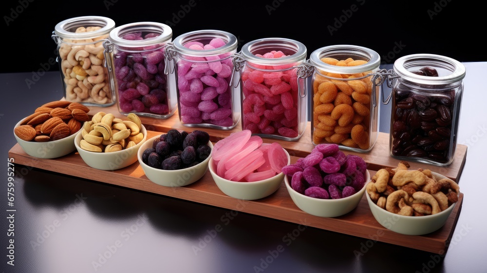 a wooden tray topped with lots of different types of candies in glass jars next to bowls filled with different types of candies. generative ai a wooden tray topped with lots of different types of candies in glass jars next to bowls filled with different types of candies. generative ai