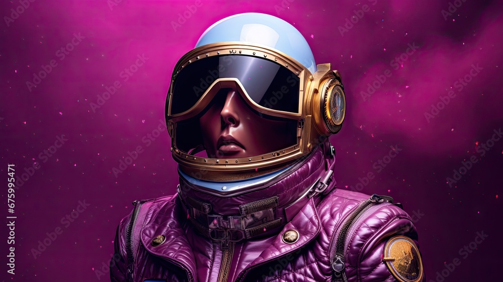 a painting of a man in a space suit with a helmet and goggles in front of a purple background. generative ai a painting of a man in a space suit with a helmet and goggles in front of a purple background. generative ai