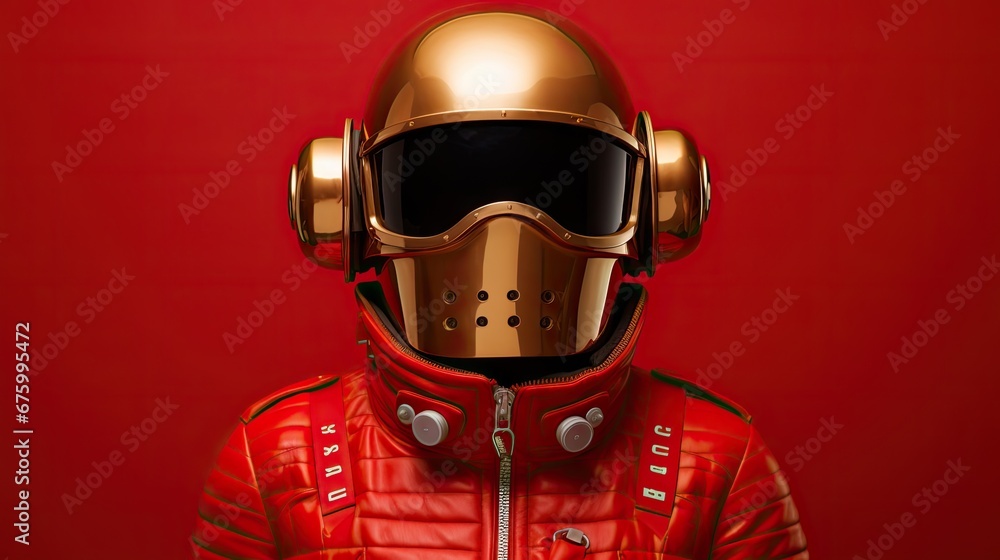 a man in a red suit with a helmet and goggles standing in front of a red wall with a red background. generative ai a man in a red suit with a helmet and goggles standing in front of a red wall with a red background. generative ai