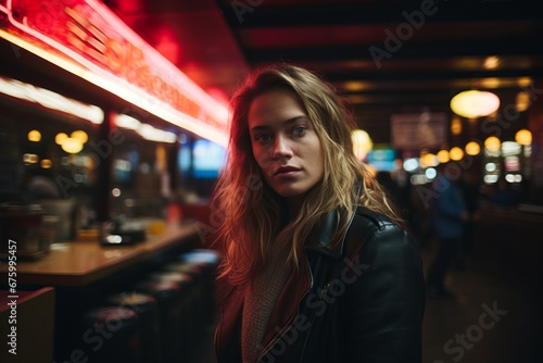 Portrait of a beautiful young woman in a night club. Girl with long hair.