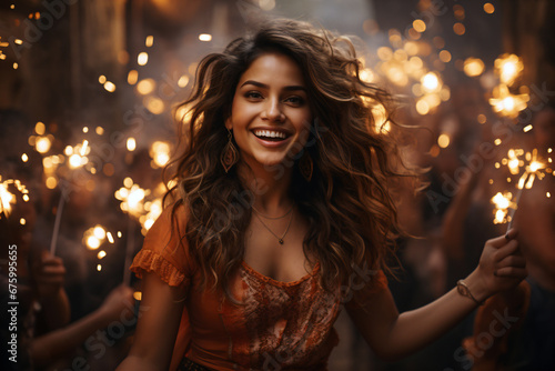 A teenage girl lighting sparklers and fireworks with excitement in a Diwali celebrations