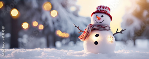 Snowman in winter country. Merry christmas and happy new year print card decoration. wide banner © Sabrewolf
