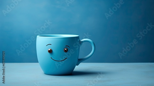 Blue cup a sad face with scarfcoffee on blue background. Blue monday concept and copy space, generative ai