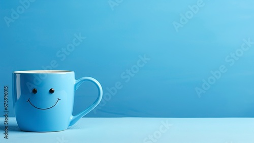 Blue cup a sad face with scarfcoffee on blue background. Blue monday concept and copy space, generative ai photo