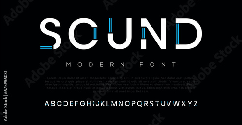 SOUND Modern minimal abstract alphabet fonts. Typography technology, electronic, movie, digital, music, future, logo creative font. vector illustration