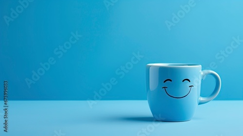 Blue cup a sad face with scarfcoffee on blue background. Blue monday concept and copy space, generative ai